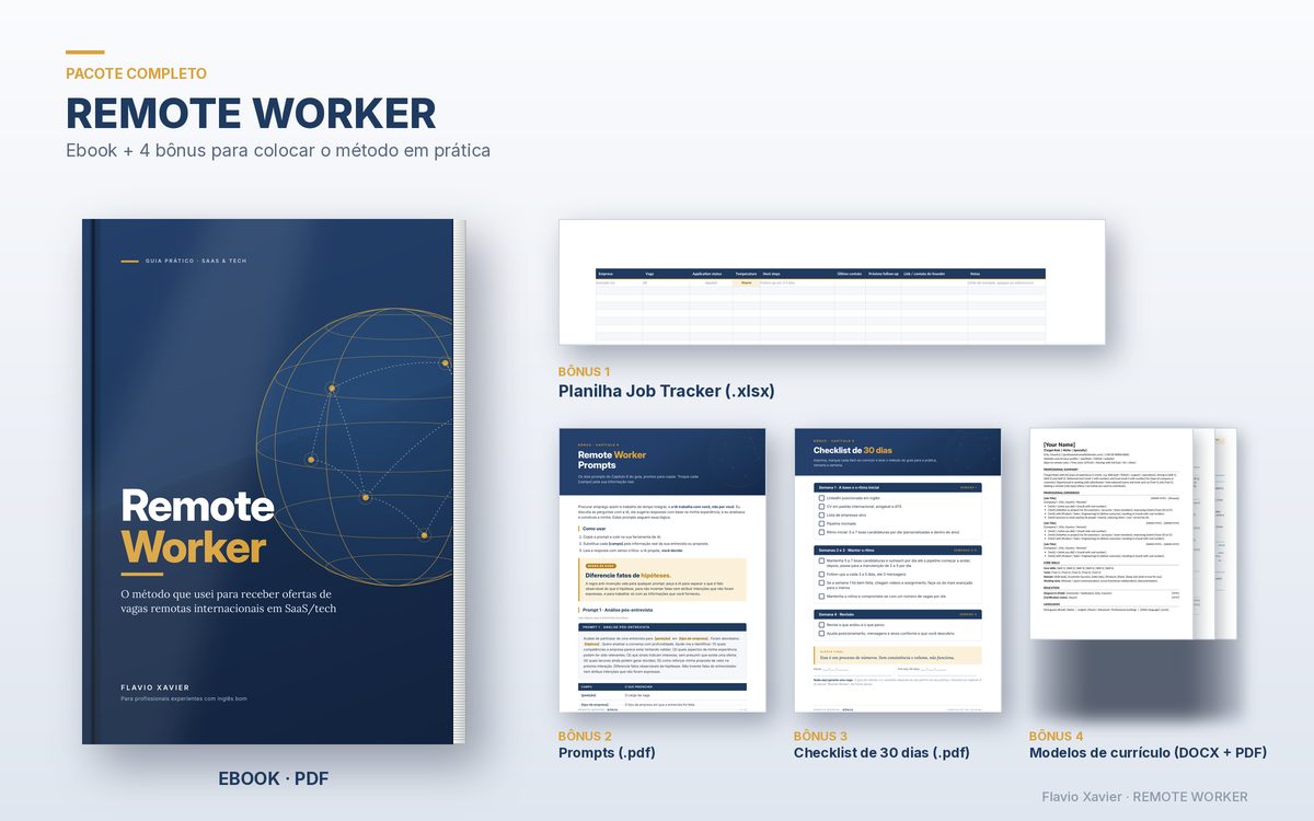 Pacote Remote Worker: ebook em PDF e quatro bônus: planilha Job Tracker, Prompts, Checklist de 30 dias e modelos de currículo em inglês